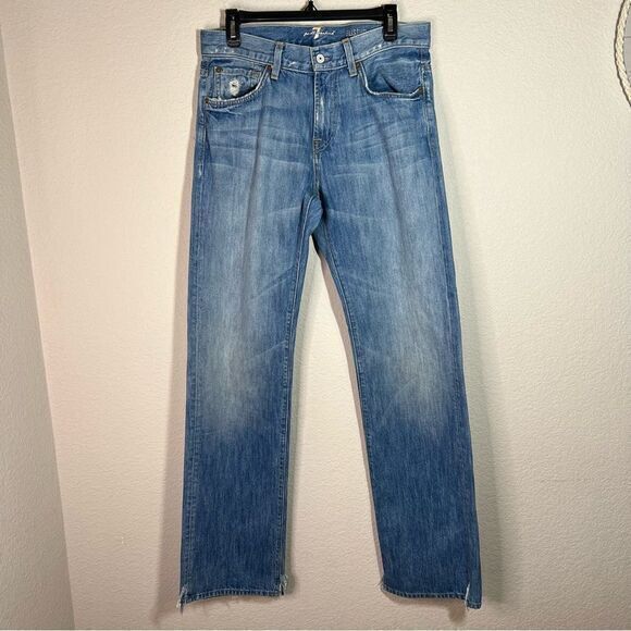 7 For All Mankind Blue Austyn Fringe Slit Cotton Straight Leg Jeans Mens Size 32